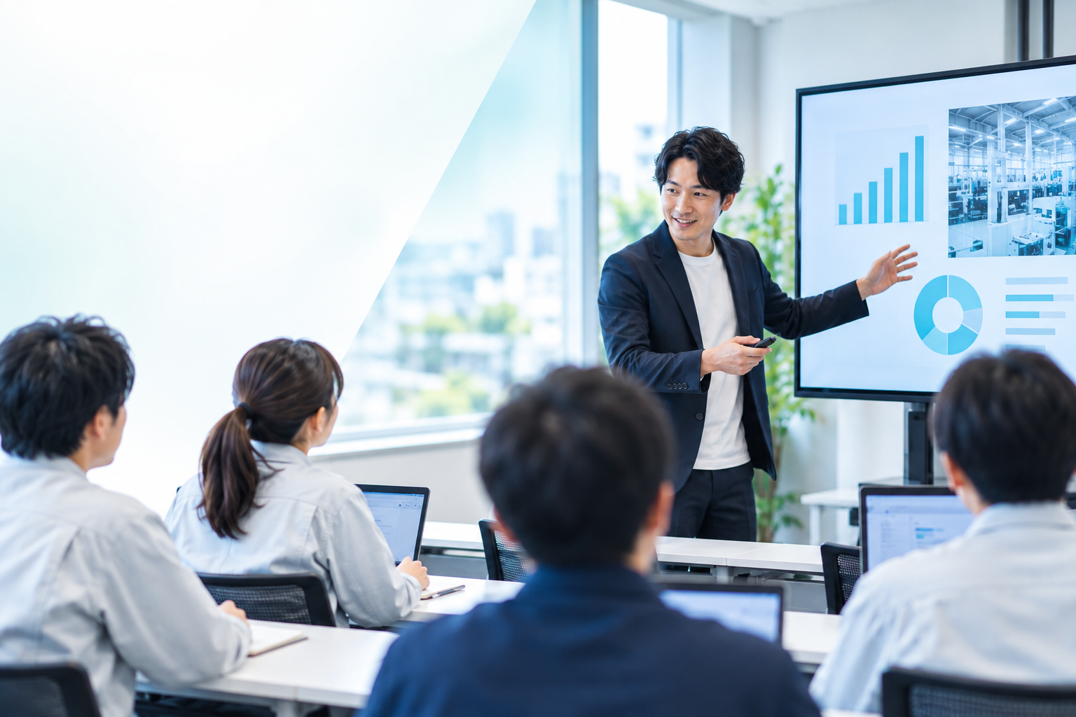 AI研修の様子。講師がモニターを使って説明し、受講者がノートPCで手を動かしている