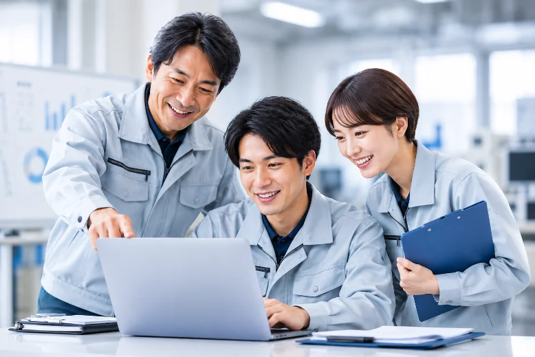 現場担当者と画面を見ながら使い方を確認している場面