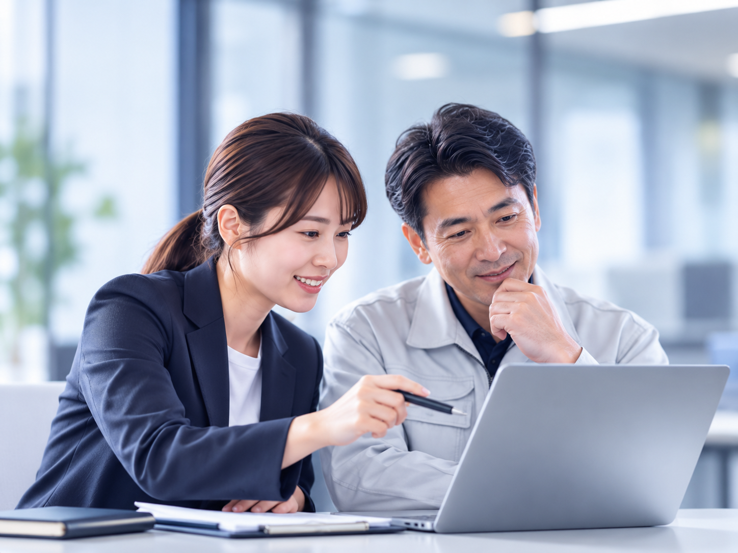 担当者とクライアントが一緒にPCを見ながら相談している様子