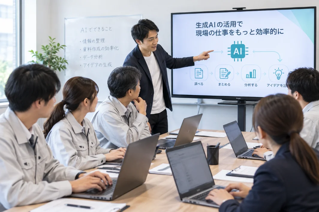 少人数の会議室でPCを操作しながら学ぶ製造業の社員