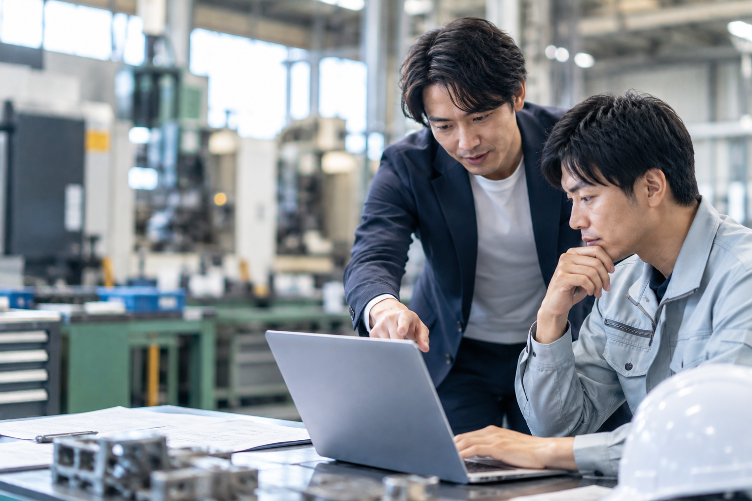 製造現場でノートPCの画面を一緒に確認している担当者